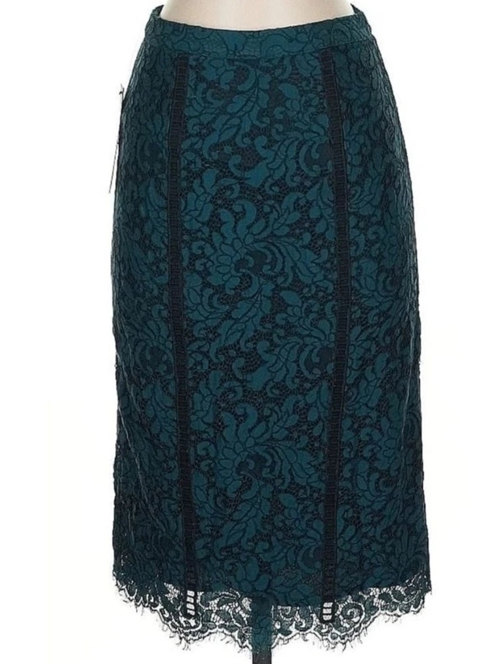 Marciano Teal Lace Pencil Skirt with Vertical Trim